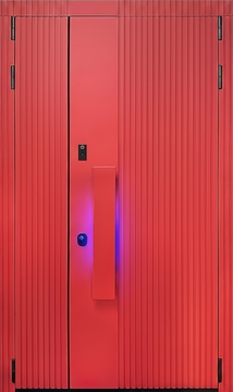 Современная полуторная дверь с отделкой красными плитами МДФ RAL и бугельной ручкой с подсветкой